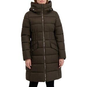 Shelli Segal Long Brown Puffer Coat With Hood Full-Zip Side Zippers & Snap Pocke